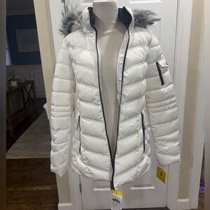 Nautica Women's White Puffer Jacket with Faux Fur Trim